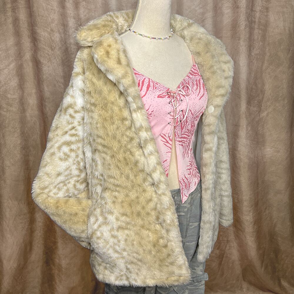 Vintage 90s Leopard Animal Print Faux Fur Coat Fluffy Indie Mcbling Mobwife Euro - Picture 8 of 11